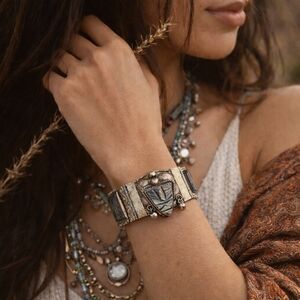 Vintage Echo En Mexico Sterling Silver Abalone Panel Bracelet Aztec Mask 6.5”